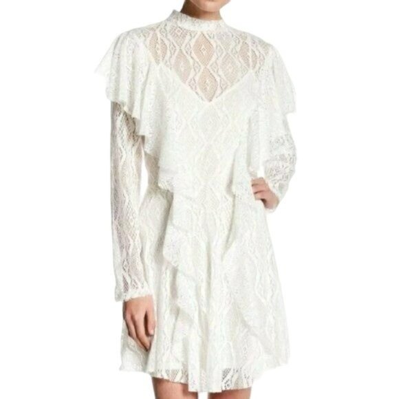 NEW Free People Creamy White Lace Rock Candy Mock Neck Dress M Ruffles Mini - Picture 2 of 12